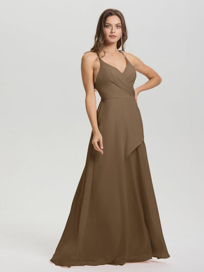 Straps V-Neck Open Back Long Chiffon Formal Bridesmaid Dress