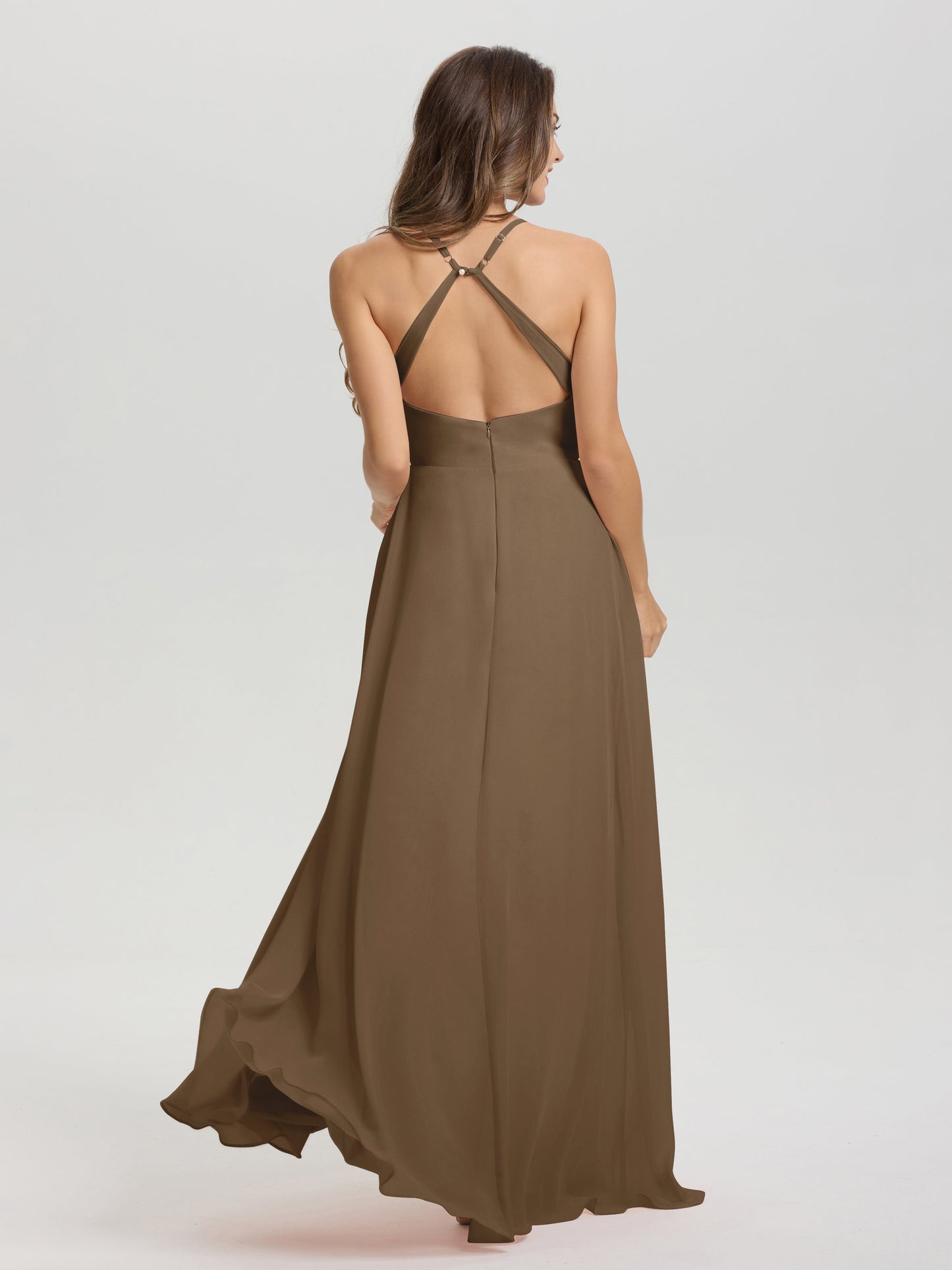 Straps V-Neck Open Back Long Chiffon Formal Bridesmaid Dress