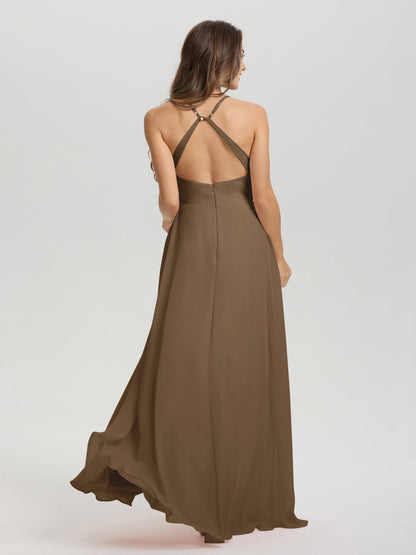 Straps V-Neck Open Back Long Chiffon Formal Bridesmaid Dress