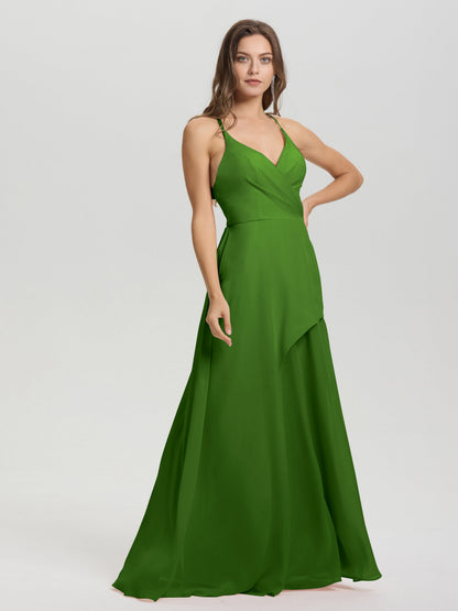 Straps V-Neck Open Back Long Chiffon Formal Bridesmaid Dress