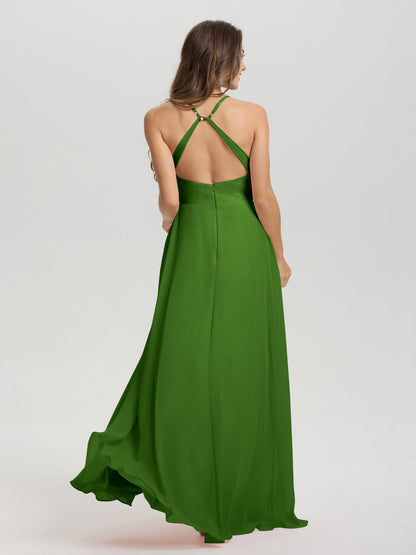 Straps V-Neck Open Back Long Chiffon Formal Bridesmaid Dress