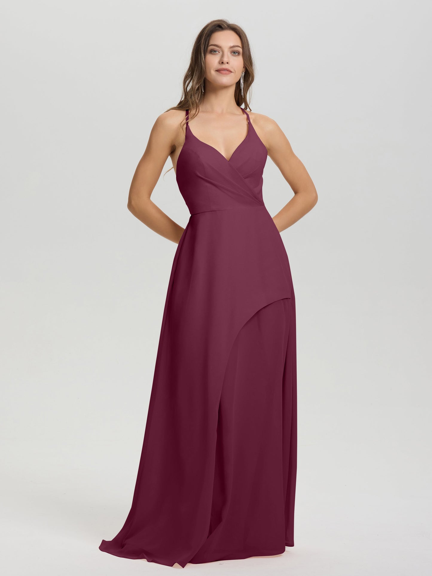 Straps V-Neck Open Back Long Chiffon Formal Bridesmaid Dress