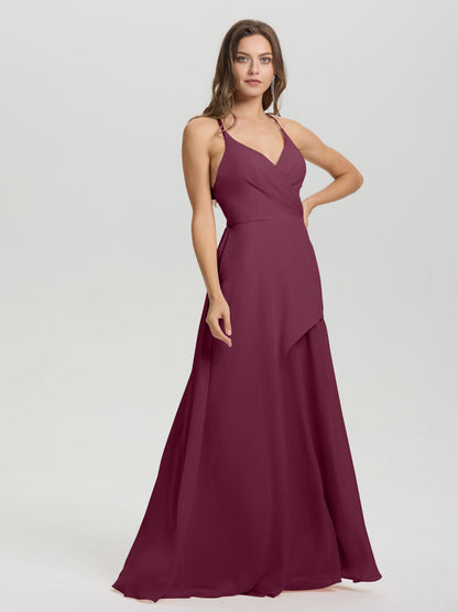 Straps V-Neck Open Back Long Chiffon Formal Bridesmaid Dress