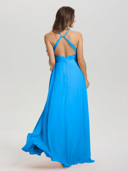 Straps V-Neck Open Back Long Chiffon Formal Bridesmaid Dress