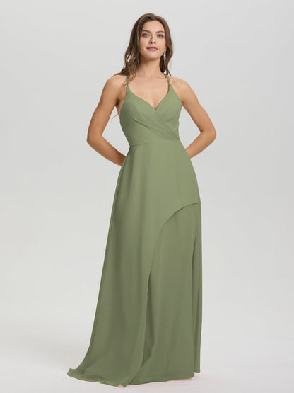 Straps V-Neck Open Back Long Chiffon Formal Bridesmaid Dress