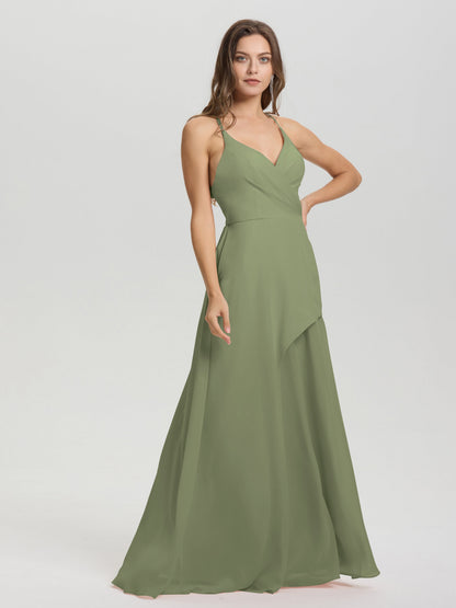 Straps V-Neck Open Back Long Chiffon Formal Bridesmaid Dress