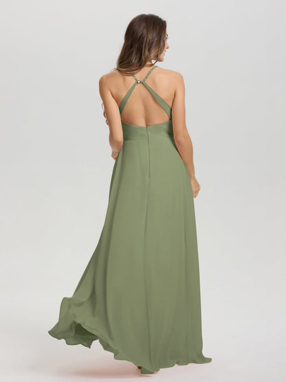 Straps V-Neck Open Back Long Chiffon Formal Bridesmaid Dress