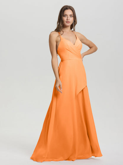Straps V-Neck Open Back Long Chiffon Formal Bridesmaid Dress