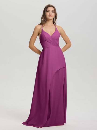 Straps V-Neck Open Back Long Chiffon Formal Bridesmaid Dress