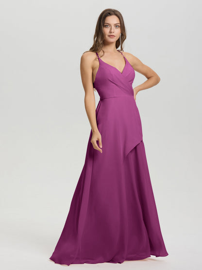 Straps V-Neck Open Back Long Chiffon Formal Bridesmaid Dress