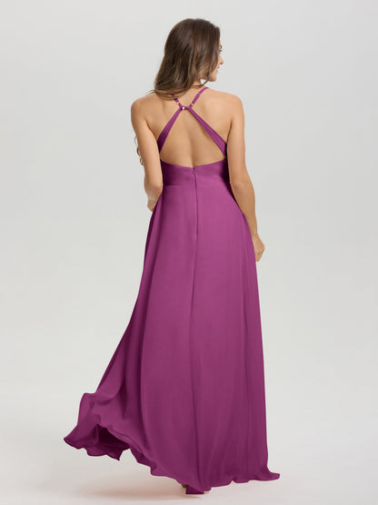 Straps V-Neck Open Back Long Chiffon Formal Bridesmaid Dress