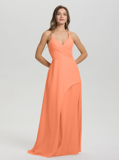 Straps V-Neck Open Back Long Chiffon Formal Bridesmaid Dress