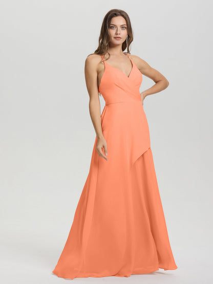 Straps V-Neck Open Back Long Chiffon Formal Bridesmaid Dress