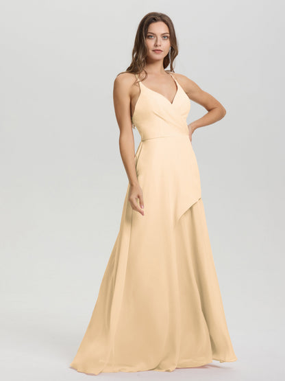 Straps V-Neck Open Back Long Chiffon Formal Bridesmaid Dress
