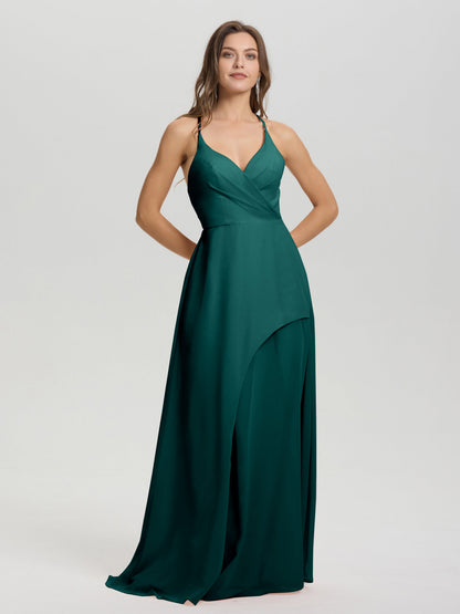 Straps V-Neck Open Back Long Chiffon Formal Bridesmaid Dress