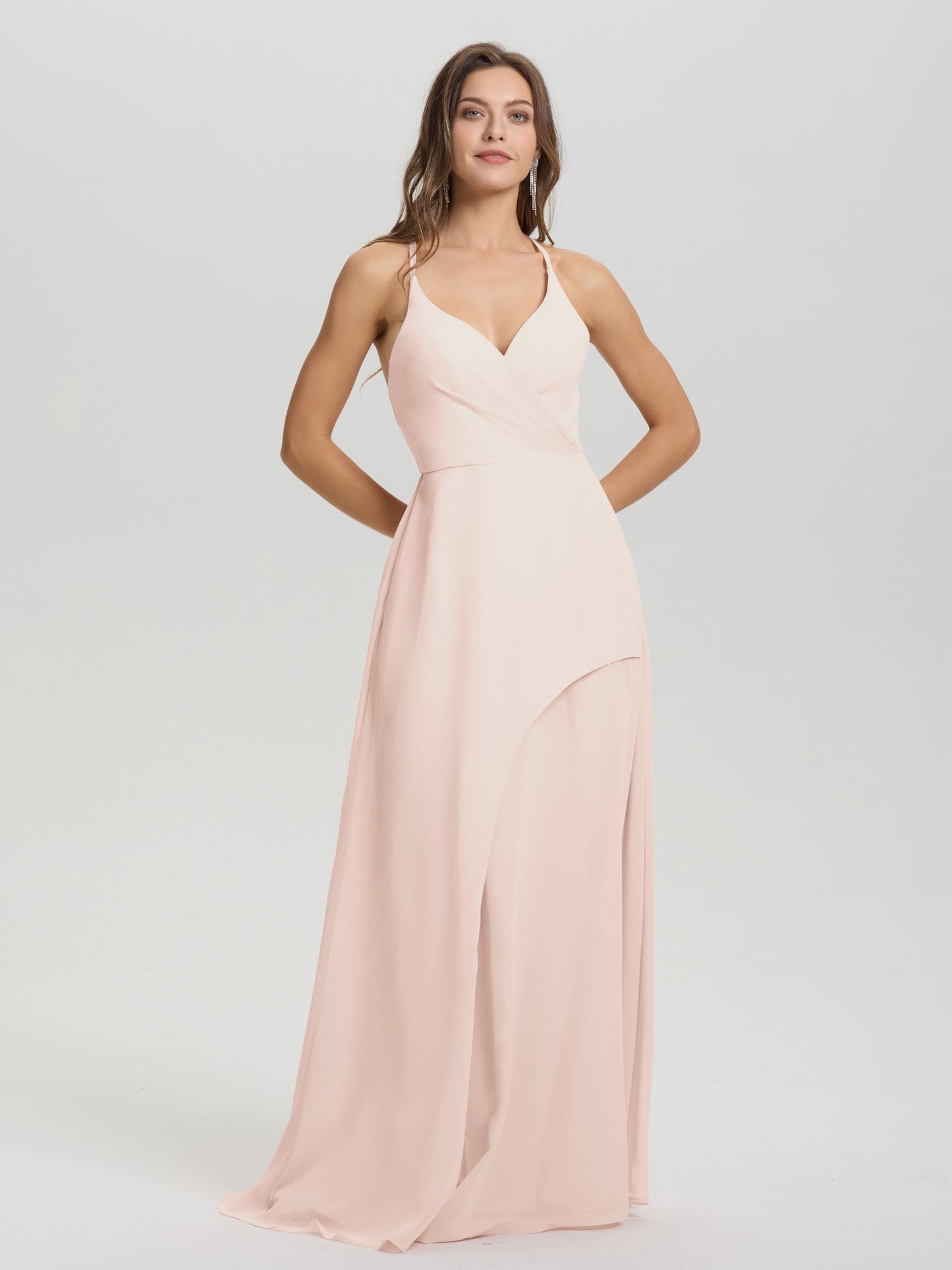 Straps V-Neck Open Back Long Chiffon Formal Bridesmaid Dress