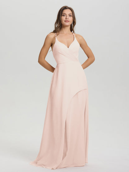 Straps V-Neck Open Back Long Chiffon Formal Bridesmaid Dress