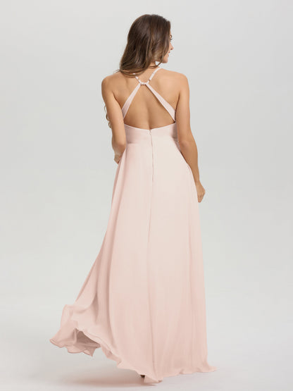 Straps V-Neck Open Back Long Chiffon Formal Bridesmaid Dress