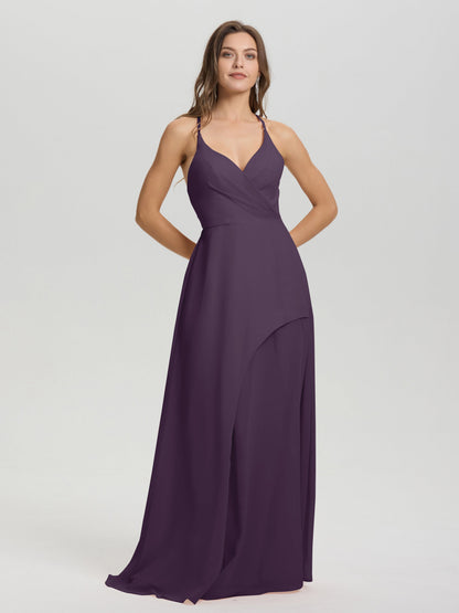 Straps V-Neck Open Back Long Chiffon Formal Bridesmaid Dress