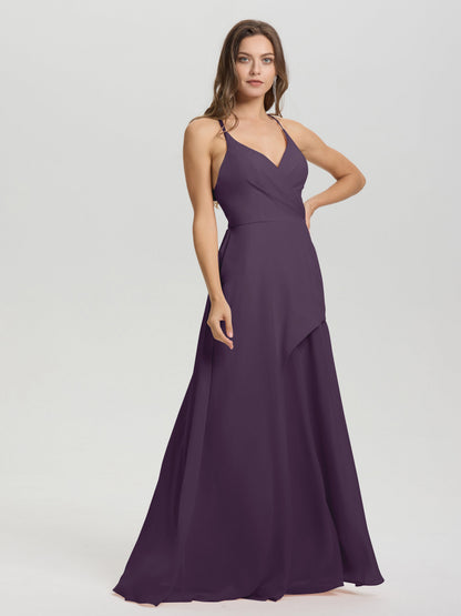 Straps V-Neck Open Back Long Chiffon Formal Bridesmaid Dress