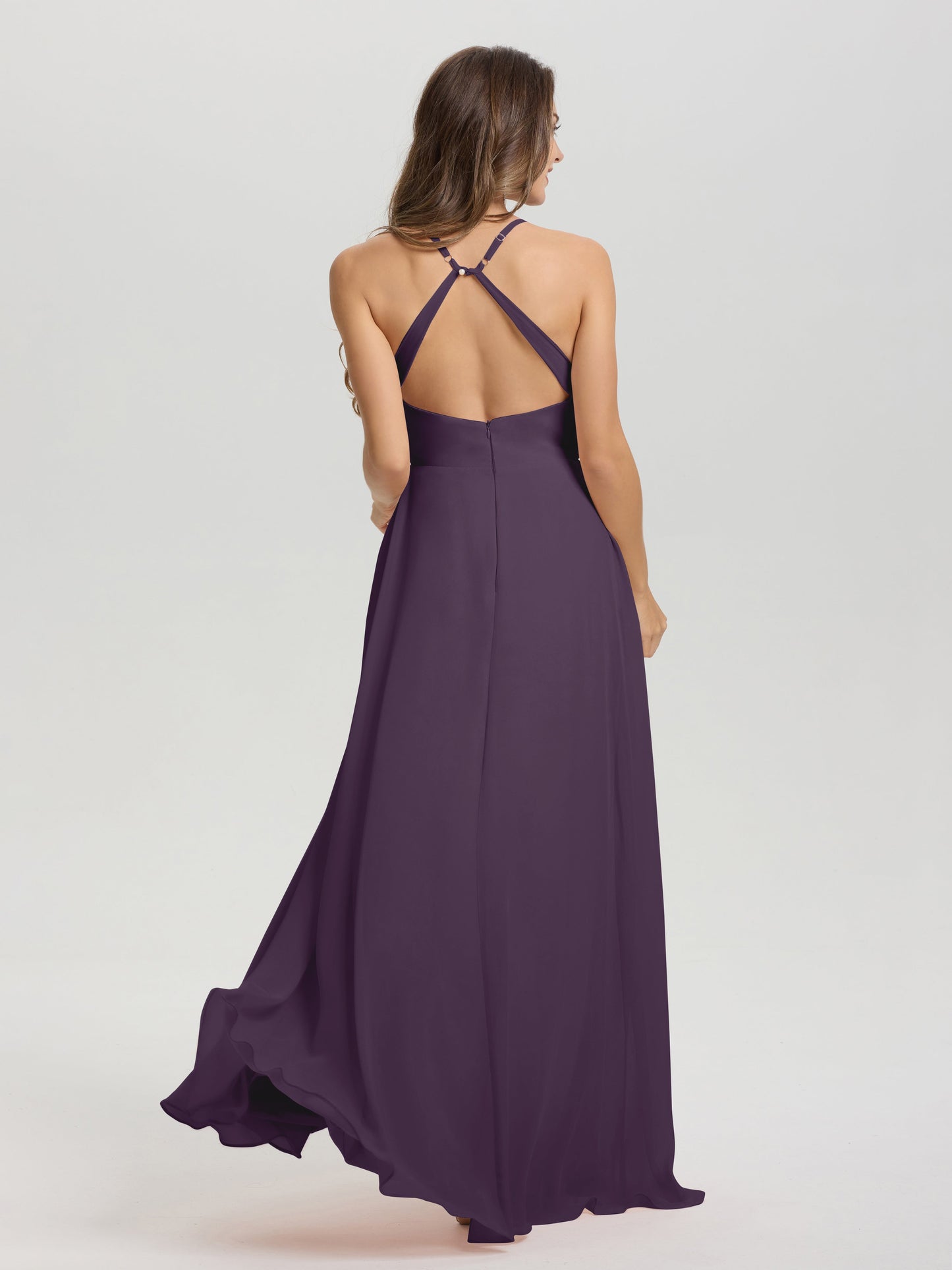 Straps V-Neck Open Back Long Chiffon Formal Bridesmaid Dress