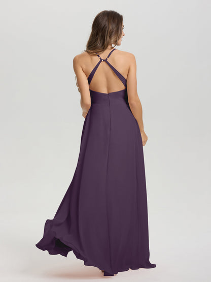 Straps V-Neck Open Back Long Chiffon Formal Bridesmaid Dress