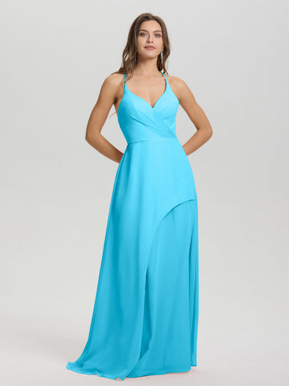 Straps V-Neck Open Back Long Chiffon Formal Bridesmaid Dress