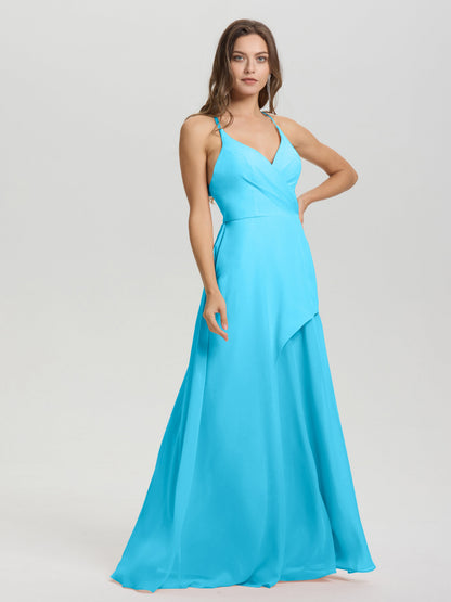 Straps V-Neck Open Back Long Chiffon Formal Bridesmaid Dress