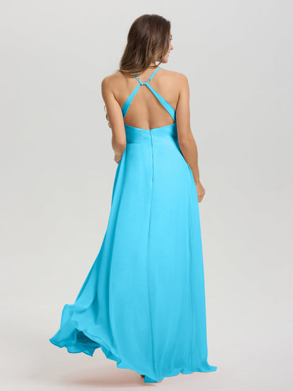 Straps V-Neck Open Back Long Chiffon Formal Bridesmaid Dress