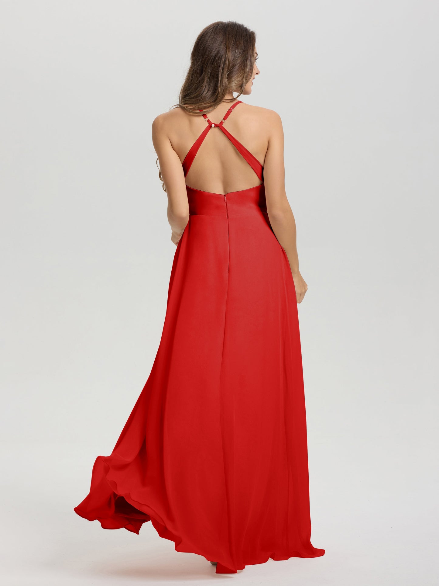 Straps V-Neck Open Back Long Chiffon Formal Bridesmaid Dress