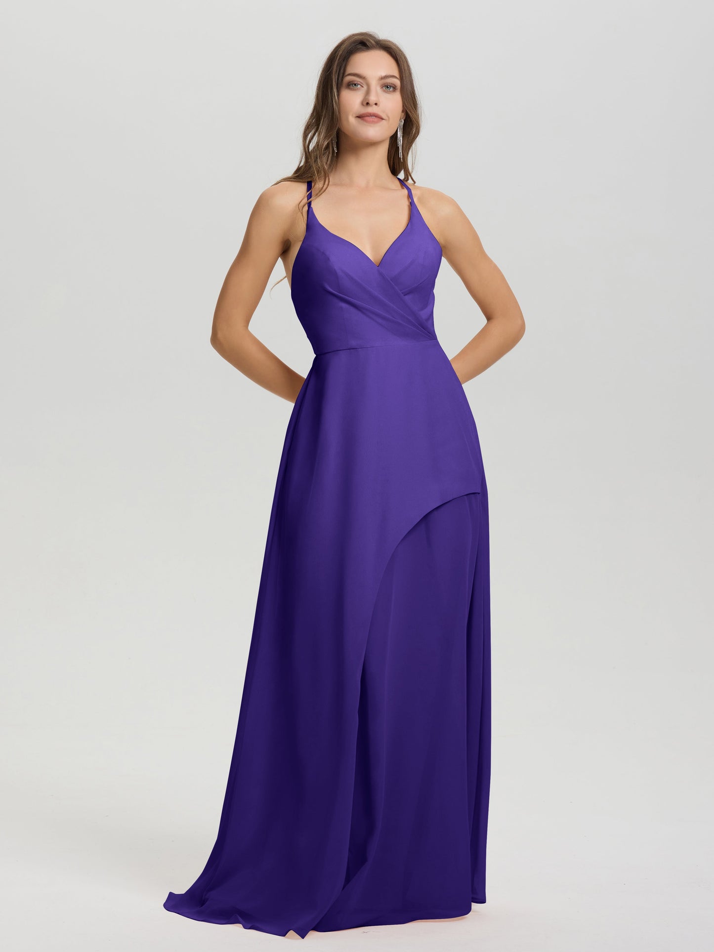 Straps V-Neck Open Back Long Chiffon Formal Bridesmaid Dress