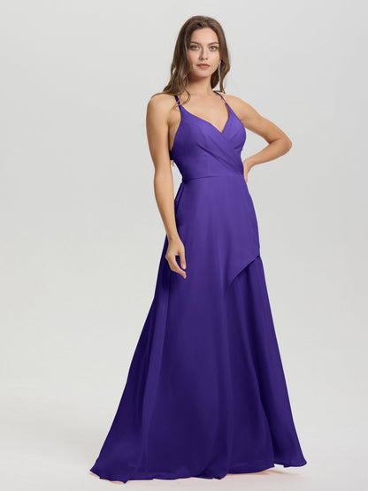Straps V-Neck Open Back Long Chiffon Formal Bridesmaid Dress