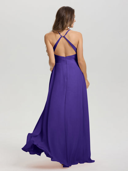 Straps V-Neck Open Back Long Chiffon Formal Bridesmaid Dress