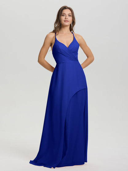 Straps V-Neck Open Back Long Chiffon Formal Bridesmaid Dress