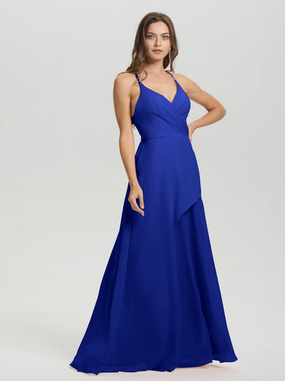 Straps V-Neck Open Back Long Chiffon Formal Bridesmaid Dress
