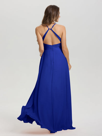 Straps V-Neck Open Back Long Chiffon Formal Bridesmaid Dress
