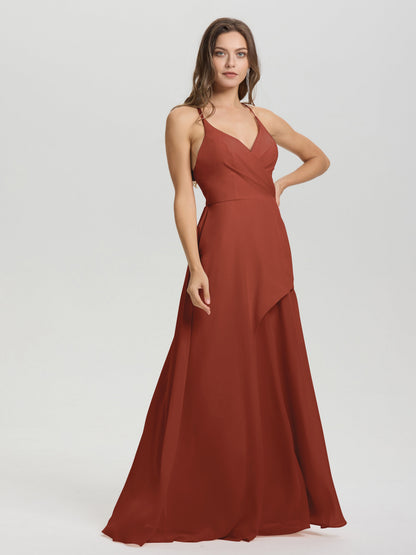 Straps V-Neck Open Back Long Chiffon Formal Bridesmaid Dress