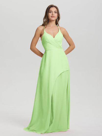 Straps V-Neck Open Back Long Chiffon Formal Bridesmaid Dress
