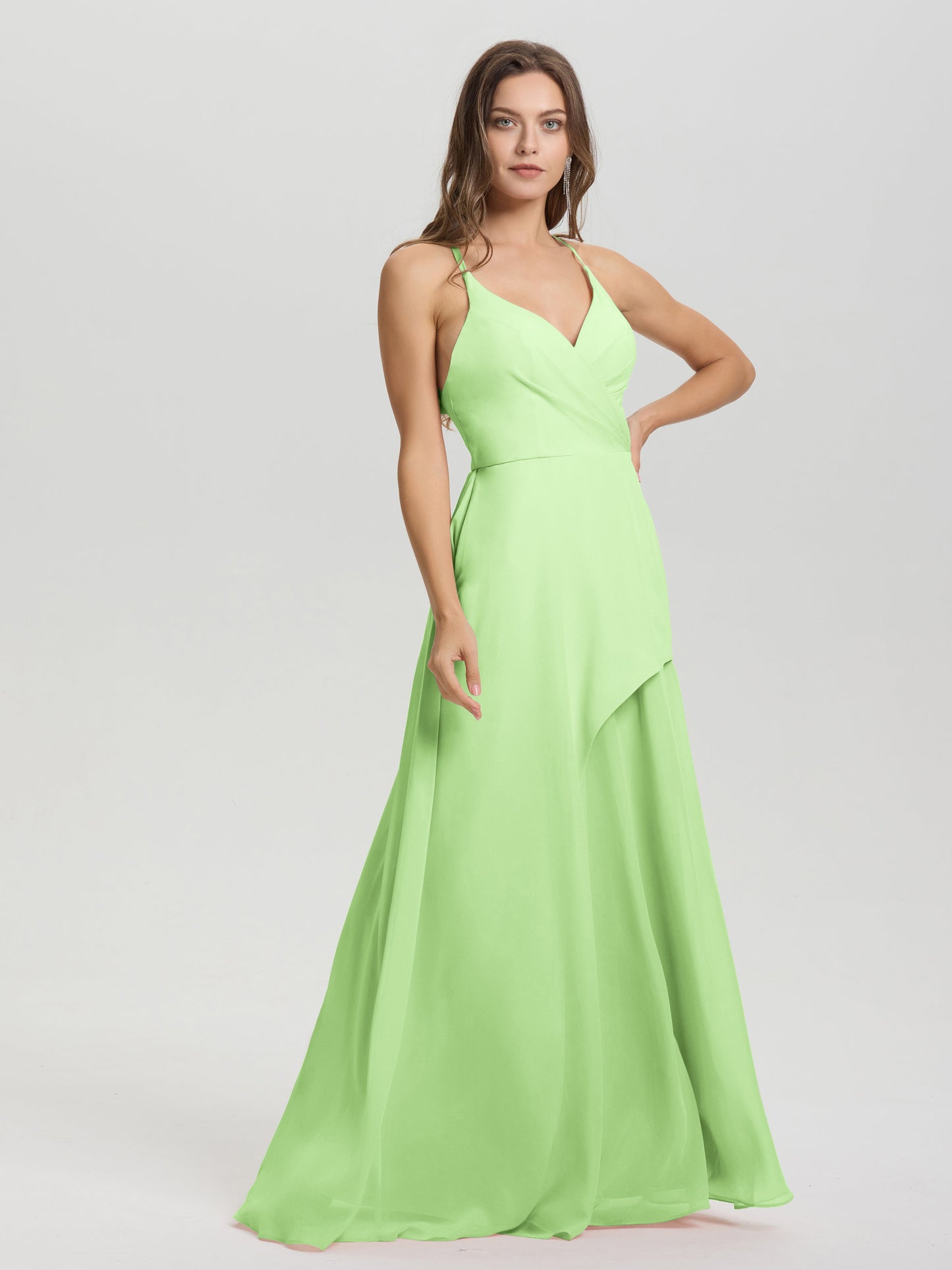 Straps V-Neck Open Back Long Chiffon Formal Bridesmaid Dress