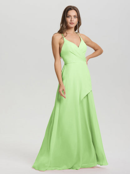 Straps V-Neck Open Back Long Chiffon Formal Bridesmaid Dress