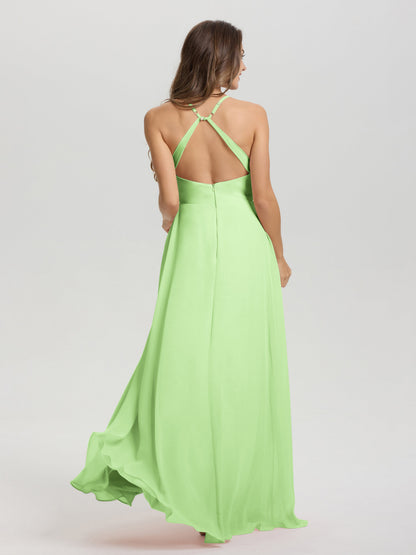 Straps V-Neck Open Back Long Chiffon Formal Bridesmaid Dress