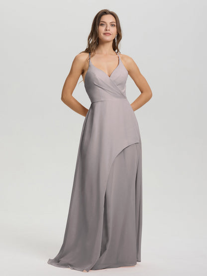 Straps V-Neck Open Back Long Chiffon Formal Bridesmaid Dress