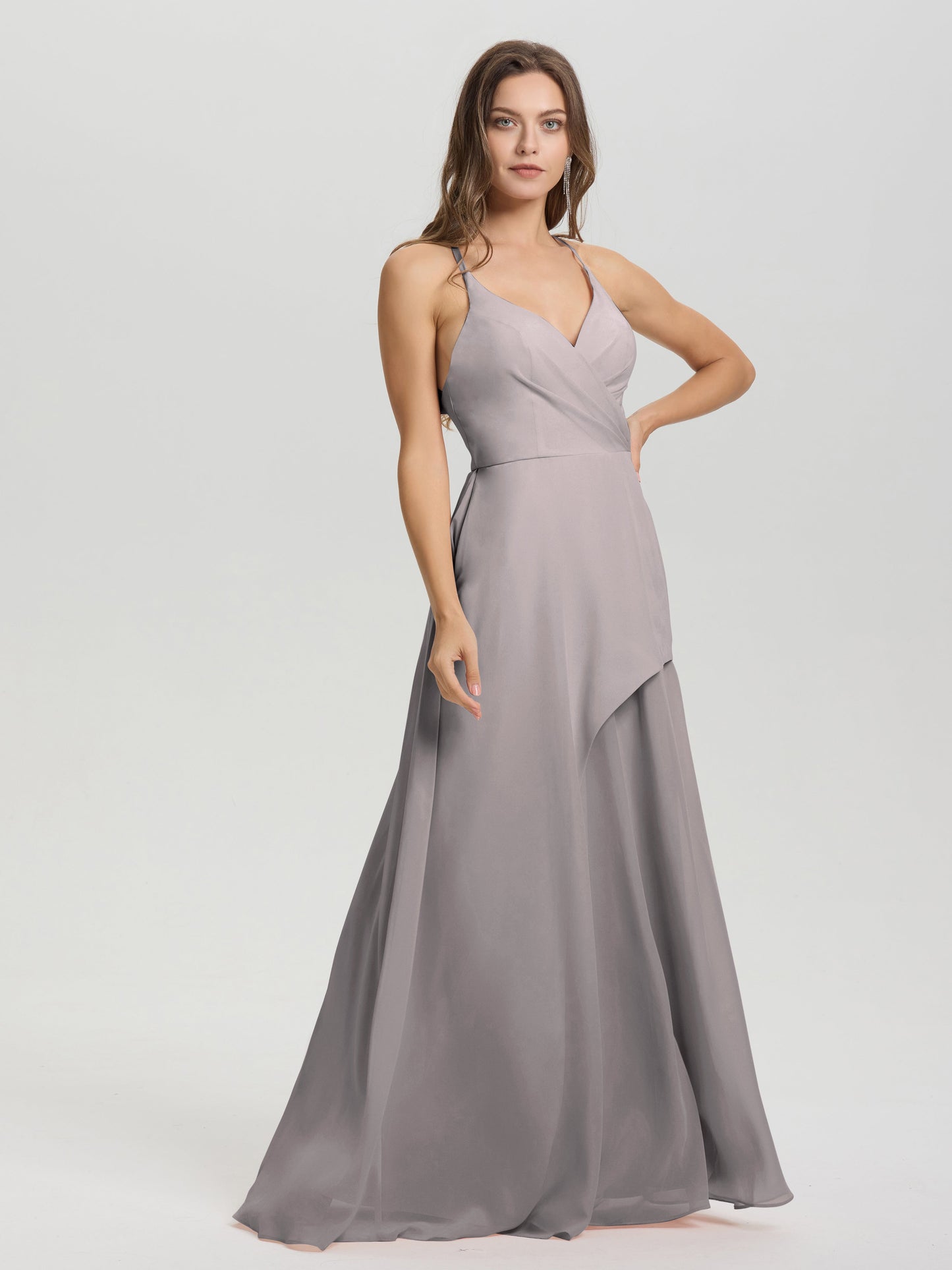 Straps V-Neck Open Back Long Chiffon Formal Bridesmaid Dress