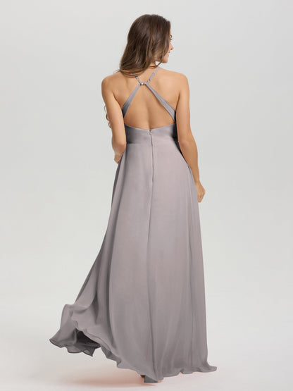 Straps V-Neck Open Back Long Chiffon Formal Bridesmaid Dress