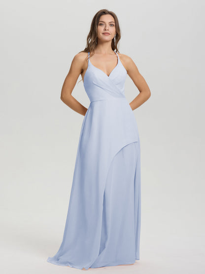 Straps V-Neck Open Back Long Chiffon Formal Bridesmaid Dress