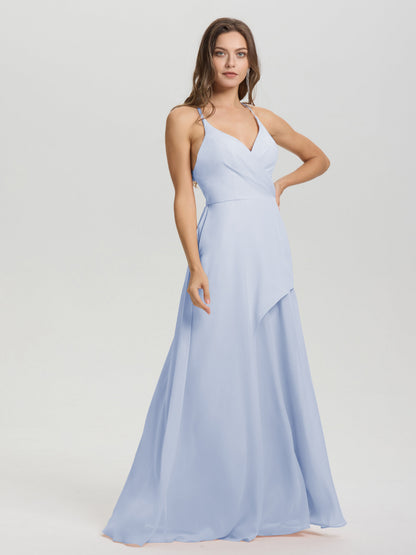Straps V-Neck Open Back Long Chiffon Formal Bridesmaid Dress