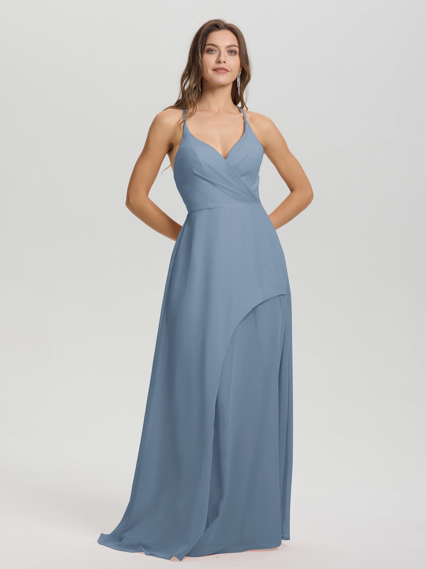 Straps V-Neck Open Back Long Chiffon Formal Bridesmaid Dress