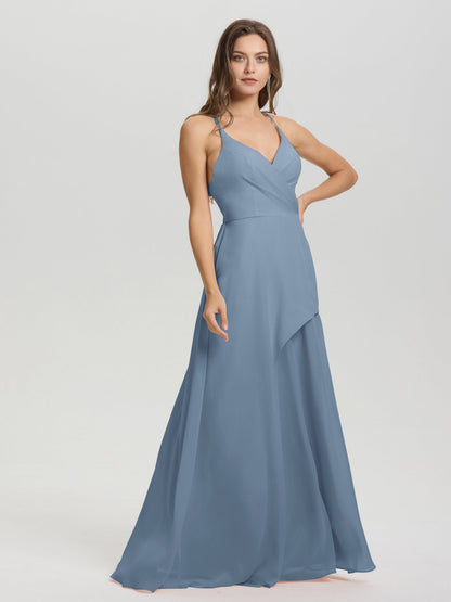 Straps V-Neck Open Back Long Chiffon Formal Bridesmaid Dress