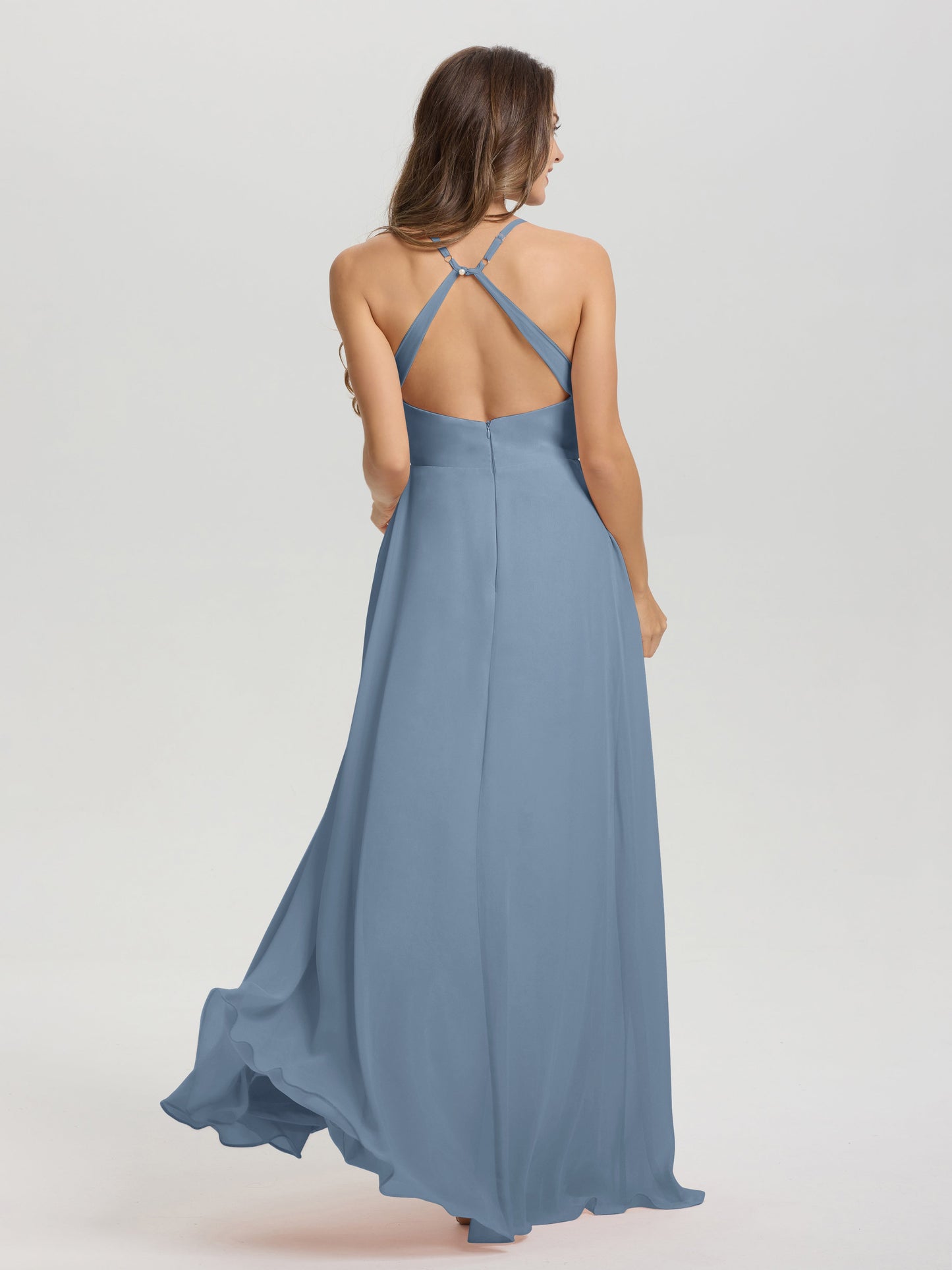 Straps V-Neck Open Back Long Chiffon Formal Bridesmaid Dress