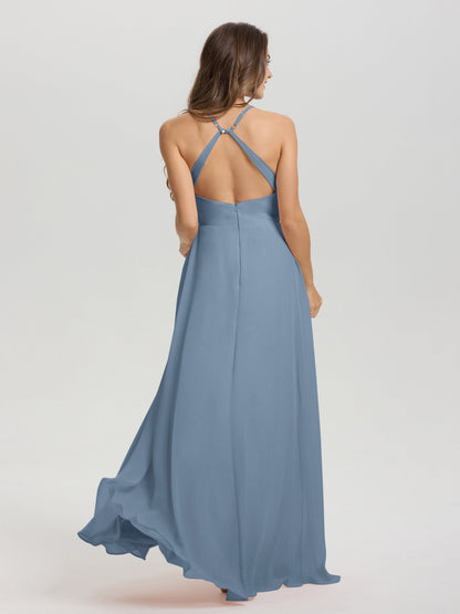 Straps V-Neck Open Back Long Chiffon Formal Bridesmaid Dress